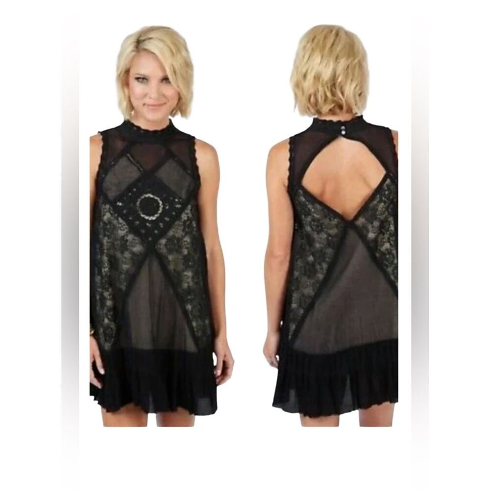 Free People Angel Lace Dress Black Sheer Mini Boho Size Small